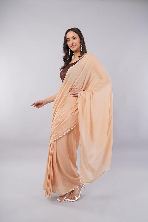 Vasthrlay Beige Plain Cotton Saree With Pocket And Unstitched Blouse Piece