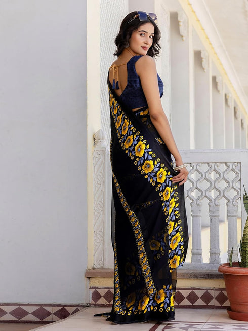 Vasthrlay Georgette Printed Unstitched Dark Green Saree