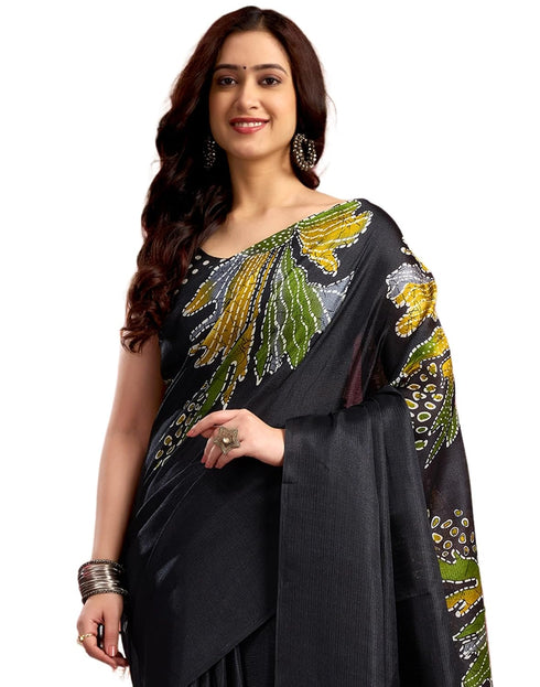 Vasthrlay Womens Printed Black And Green Saree With Unstitched Blouse Piece