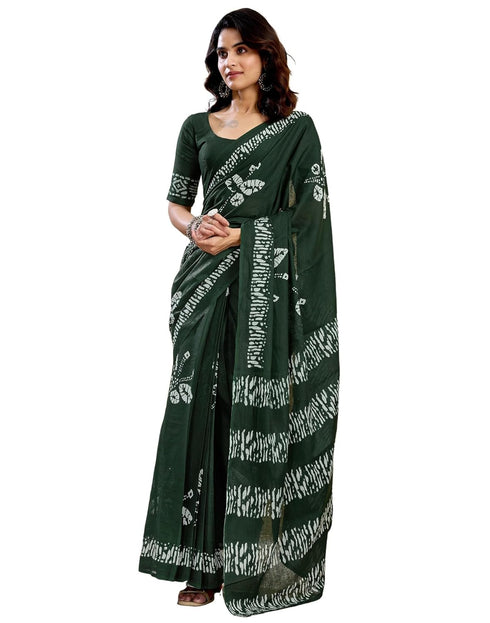 Vasthrlay Womens Printed Unstitched Dark Green Saree
