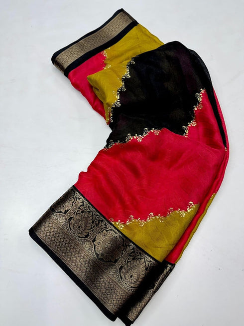 Vasthrlay Women's Printed Saree with Gold Border| Red Mustard Yellow Black