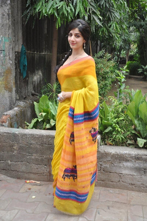 Vasthrlay Chanderi Printed Unstitched Kasam Yellow Free Ethnic Wear
