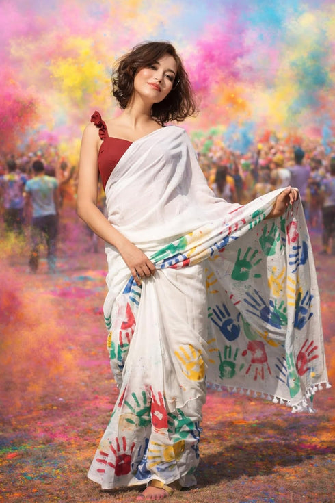 Vasthrlay Chanderi Printed Unstitched Cotton White Free Ethnic Wear
