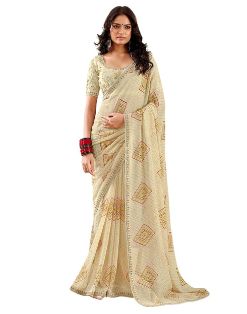 Vasthrlay Georgette Embroidery Beige Saree With Unstitched Blouse Piece