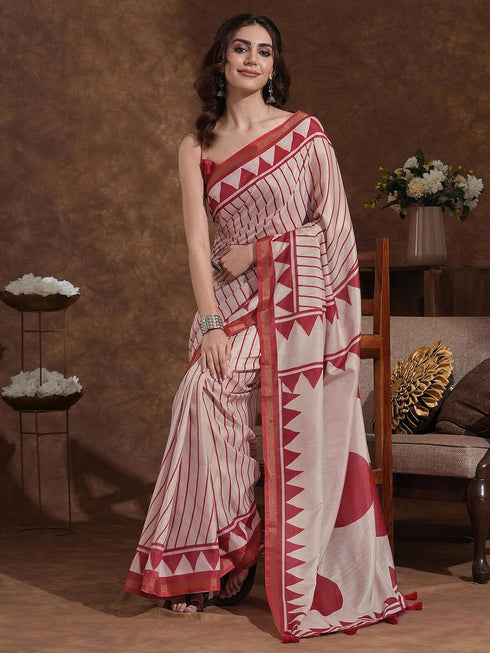 Vasthrlay Weaving Printed Dusty Peach And Rust Saree With Unstitched Blouse Piece