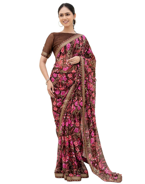 Vasthrlay Chiffon Tassels Unstitched Dark Green Saree