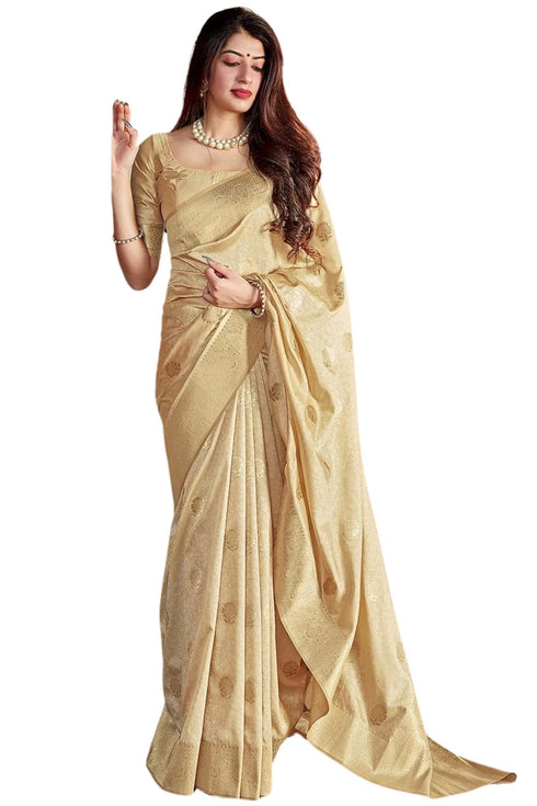 Vasthrlay Kanjivaram Soft Silk Saree | Cream with Golden Zari and Blouse Piece
