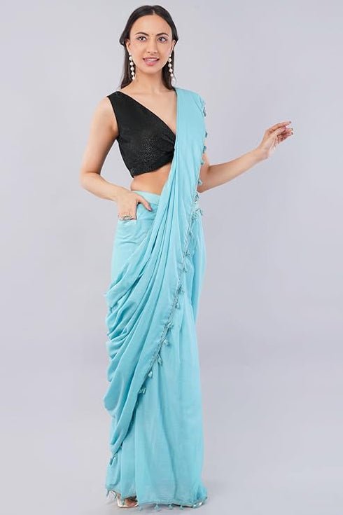 Vasthrlay Womens Turquoise Blue Cotton Ready To Wear Saree