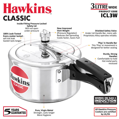 Hawkins Classic 3 Litre Inner Lid Aluminium Pressure Cooker