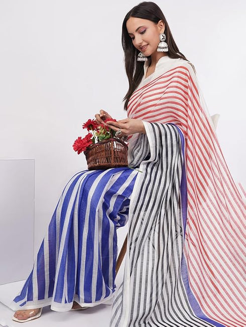 Vasthrlay Multicolour Womens Printed Linen Saree With Unstitched Blouse Piece