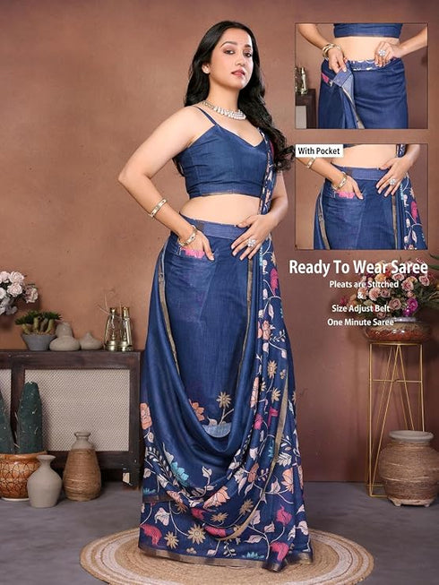 Vasthrlay Navy Blue Digital Print Linen Ready To Wear Saree For Women