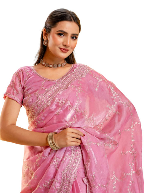 Vasthrlay Scalloped Embroidery Unstitched Light Green Saree