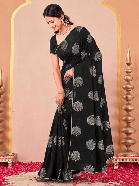 Vasthrlay Vichitra Printed Unstitched Rani Pink Saree