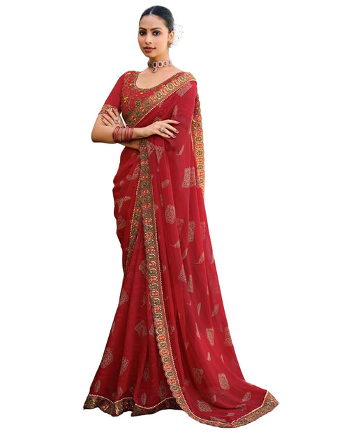 Vasthrlay Georgette Embroidery Unstitched Red Saree