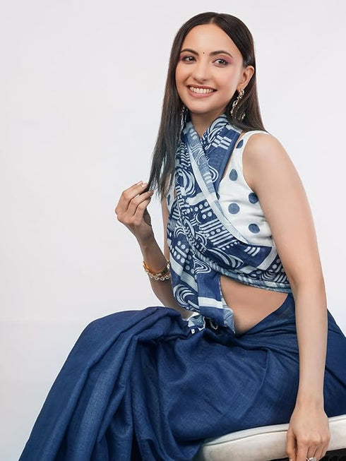Vasthrlay Blue White Linen Floral | Striped | Check Design Printed Saree With Solid Unstitched Linen Blouse Piece