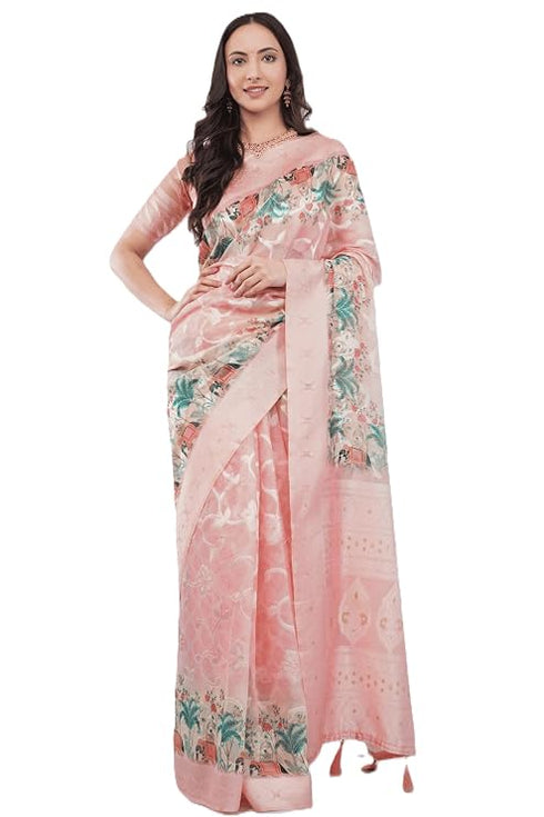Vasthrlay Rose Pink Floral Print Chanderi Silk Blend Saree With Unstitched Blouse Piece