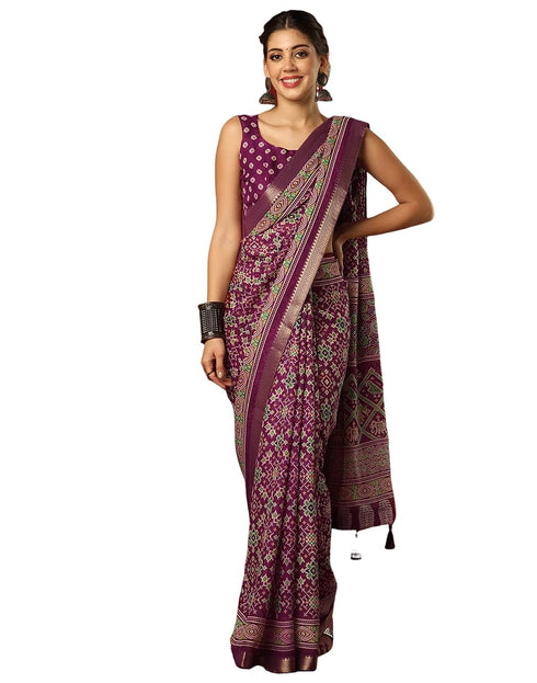 Vasthrlay Georgette Bandhani Wine Saree With Unstitched Blouse Piece