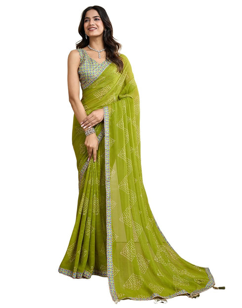 Vasthrlay Georgette Bandhani Unstitched Green Saree