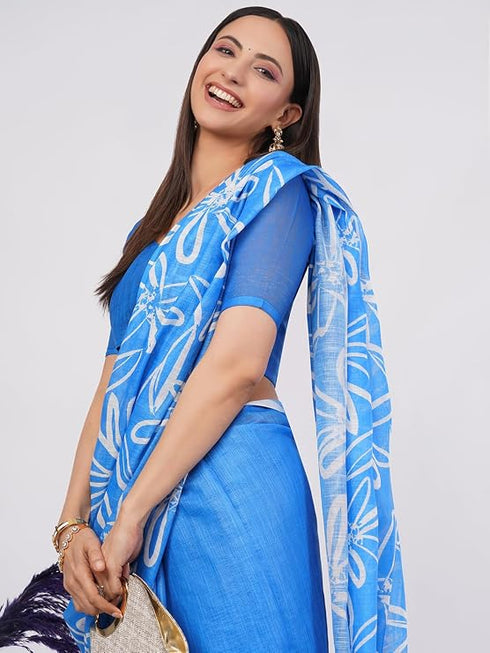 Vasthrlay Blue1 Printed Linen Saree With Unstitched Blouse Piece