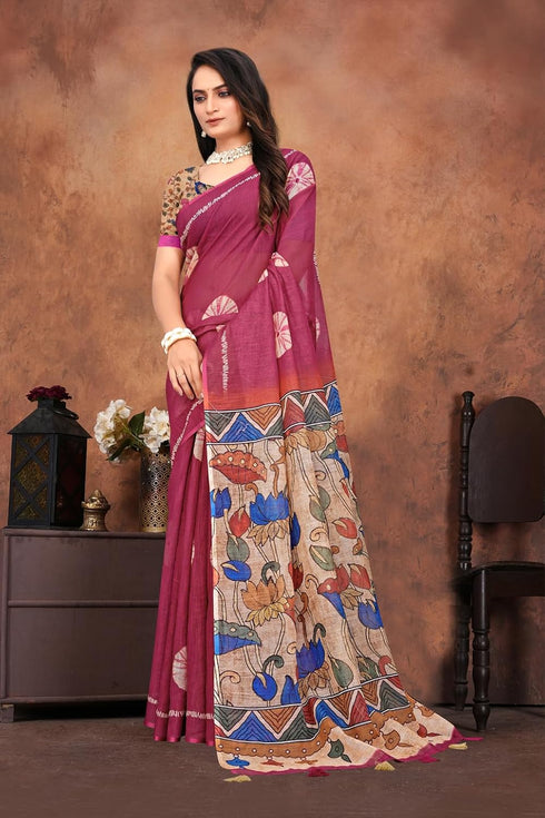 Vasthrlay Pure Linen Cotton Saree with Kalamkari Print Border