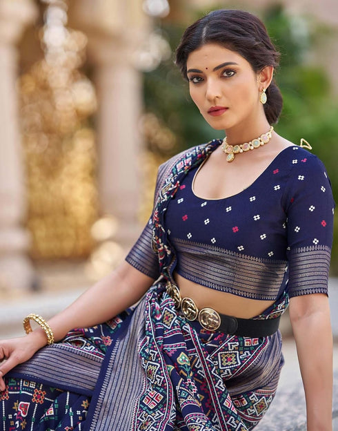 Vasthrlay Printed Traditional Patola Inspired Navyblue
