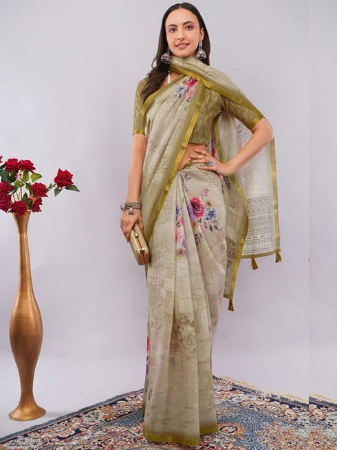 Vasthrlay Womens Beige Floral Digital Print Linen Saree With Unstitched Blouse Piece