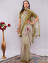 Vasthrlay Womens Beige Floral Digital Print Linen Saree With Unstitched Blouse Piece
