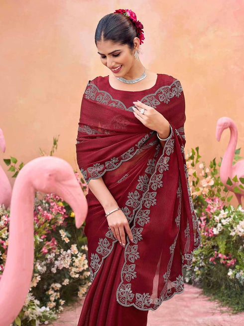 Vasthrlay Shimmer Chiffon Unstitched Maroon Saree