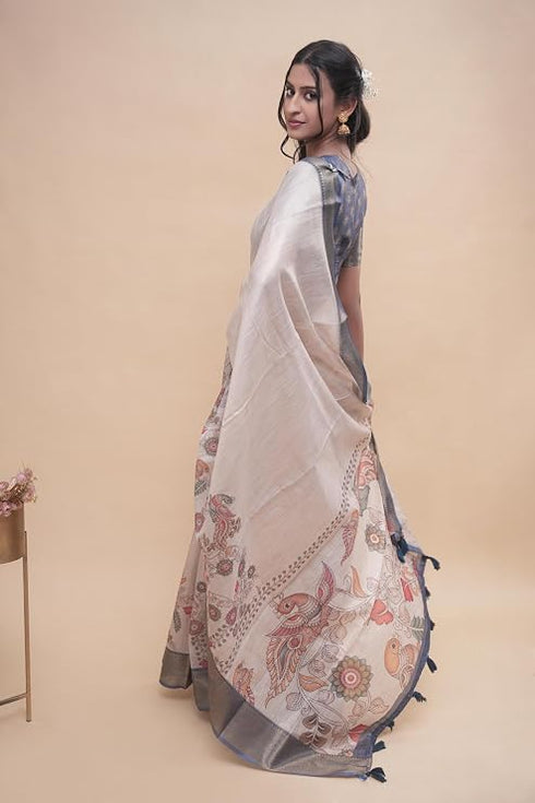 Vasthrlay Cream Abstract Print Polyester Saree With Antique Zari Border And Unstitched Blouse Piece