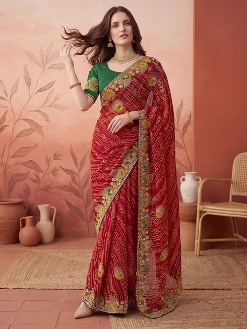 Vasthrlay Georgette Embroidery Unstitched Red Saree
