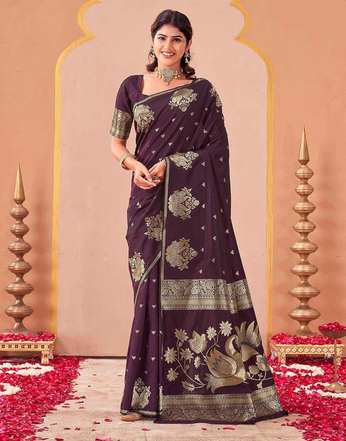 Vasthrlay Kanjivaram Jacquard Dark Purple Saree With Unstitched Blouse Piece