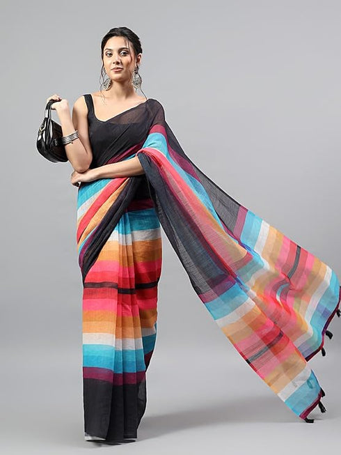 Vasthrlay Multicolor1 Linen Floral | Striped | Check Design Printed Saree With Solid Unstitched Linen Blouse Piece