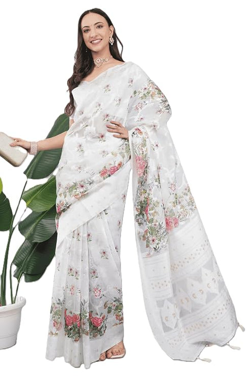 Vasthrlay White1 Floral Print Chanderi Silk Blend Saree With Unstitched Blouse Piece