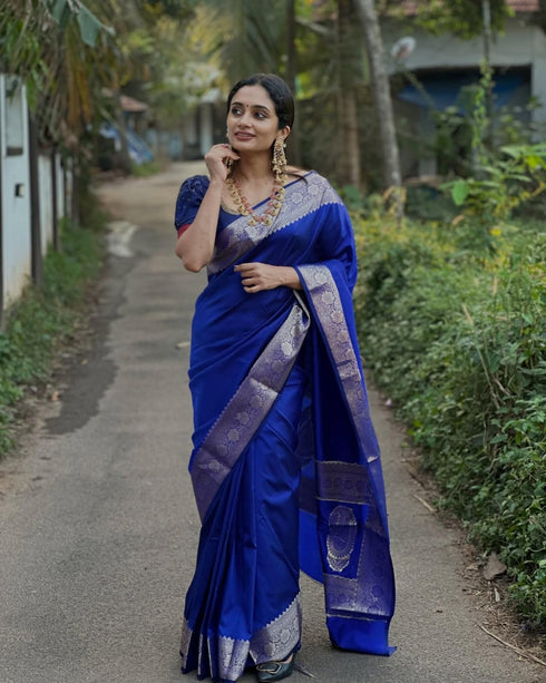 Vasthrlay Blue Banarasi Traditional Unstitched Saree