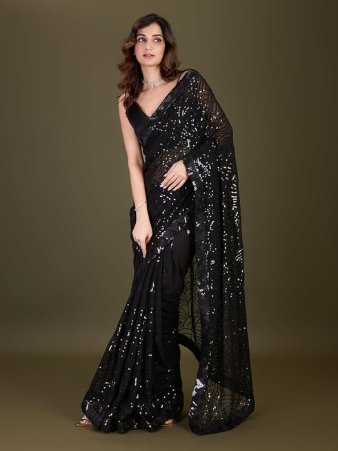 Vasthrlay Georgette Embroidery Worksaree Black Ethnic Wear
