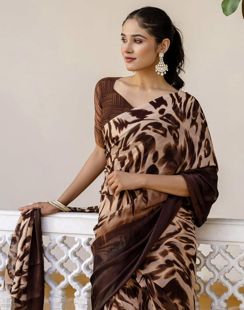 Vasthrlay Georgette Printed Unstitched Dark Green Saree
