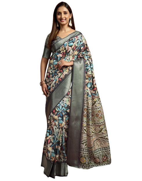 Vasthrlay Womens Printed Unstitched Navy Blue Saree
