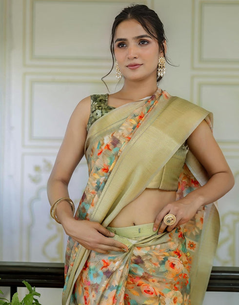Vasthrlay Womens Striped Light Pista Green Saree With Unstitched Blouse Piece