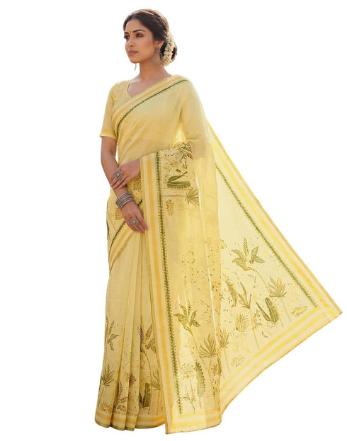 Vasthrlay Chanderi Printed Unstitched Beige Saree
