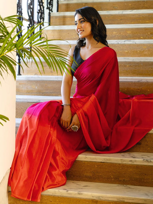 Vasthrlay Chinnon Padding Unstitched Rani Pink Saree