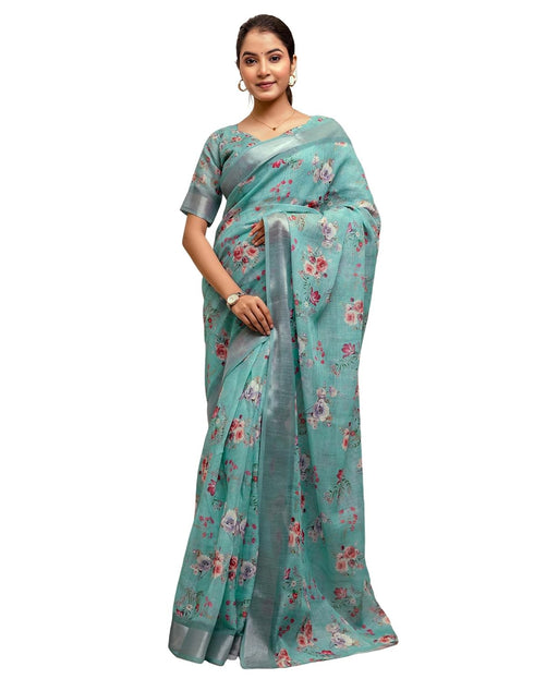 Vasthrlay Womens Printed Light Blue Saree With Unstitched Blouse Piece