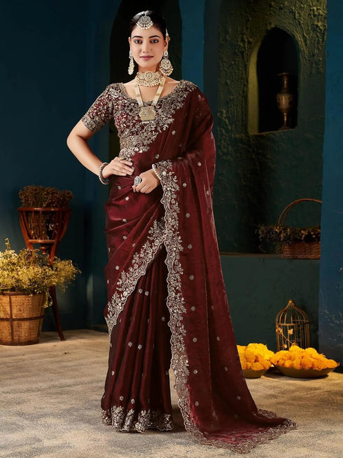 Vasthrlay Scalloped Embroidery Unstitched Rani Pink Saree