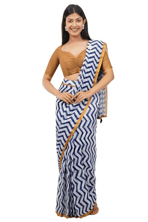 Vasthrlay Blue White Striped | Floral | Solid Print Design Linen Saree With Solid Unstitched Linen Blouse Piece