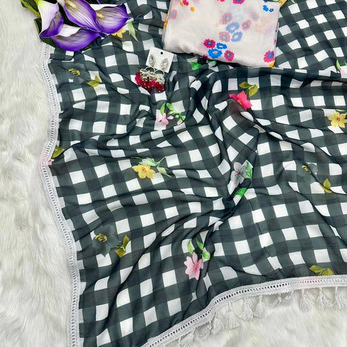 Vasthrlay Checks Floral Tassel Lightweight