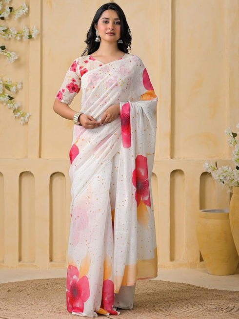 Vasthrlay Womens Printed Unstitched Peach Saree