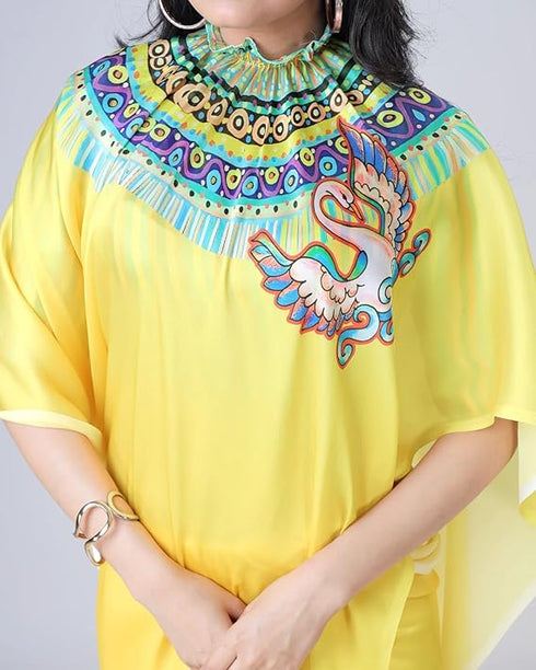 Vasthrlay Printed Kaftan Freehand Saree Yellow Soft Satin Saree