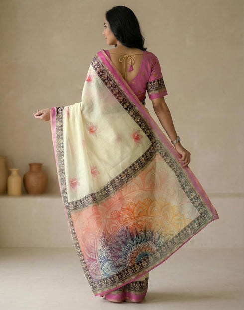 Vasthrlay Womens Printed Unstitched Peach Saree
