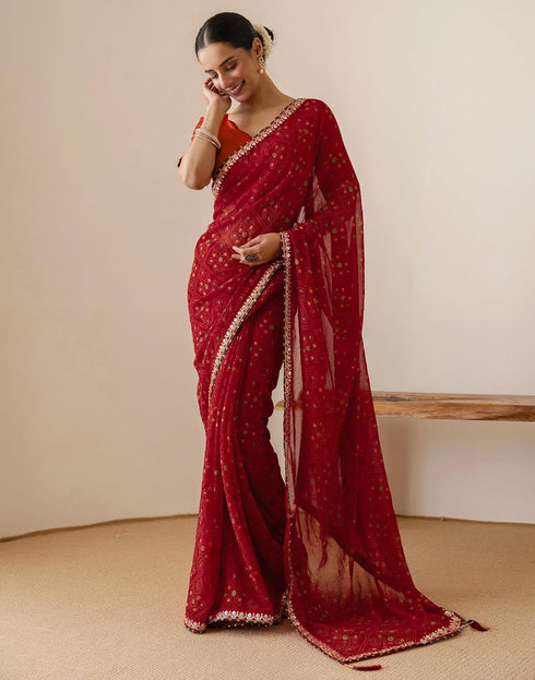 Vasthrlay Georgette Embroidery Unstitched Red Saree