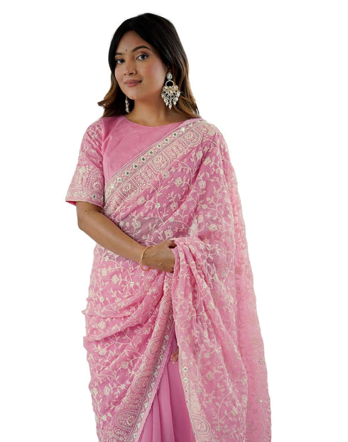 Vasthrlay Georgette Embroidery Unstitched Maroon Saree