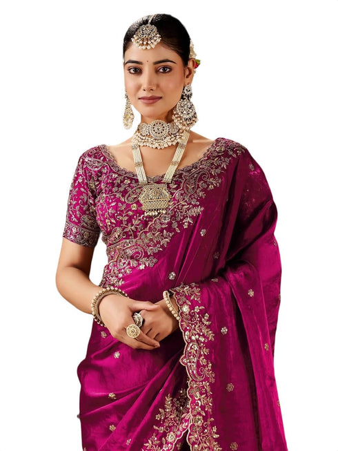 Vasthrlay Scalloped Embroidery Unstitched Rani Pink Saree